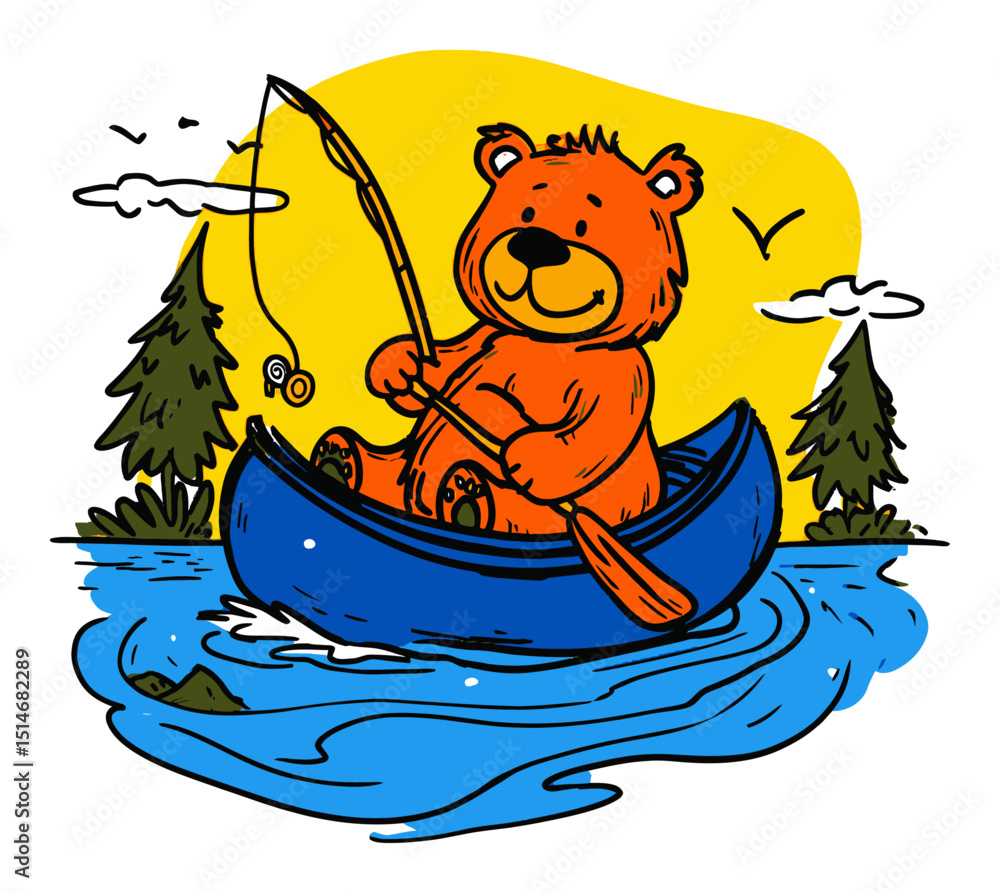 Naklejka premium Cheerful Bear Fishing in a Canoe Surrounded by Nature in Vibrant Cartoon Style