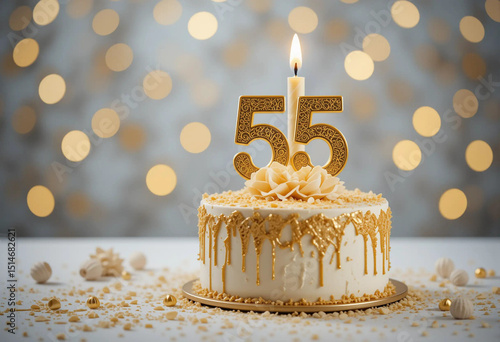 Celebrating a golden birthday with an elegantly decorated cake featuring a 55 candle surrounded by shimmering details