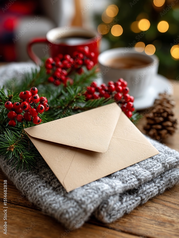 Fototapeta premium Cozy Christmas card scene with warm drinks