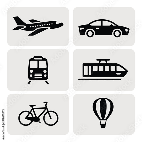 Various modes of transport isolated on white background including airplane, car, train, tram, bicycle and hot air balloon for travel and tourism concept