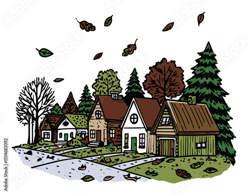 Colorful Adventure Illustration of Charming Houses on a Leafy Autumn Street