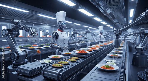 Futuristic Robot Chefs in Automated Kitchen