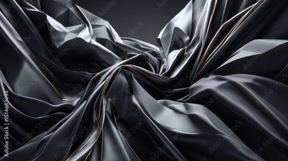 Fototapeta premium Dynamic black fabric movement studio abstract visuals dark environment close-up textured elegance