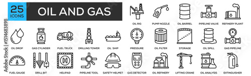 Oil and Gas icon collection set. Containing design Oil, Rig Platform, Gas Pump Nozzle, Oil Barrel, Pipeline Valve, Refinery Plant