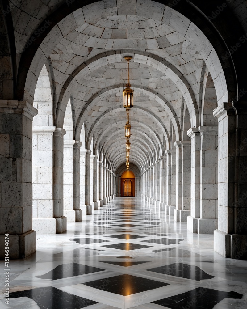 Obraz premium Magnificent arched corridor with lanterns reflection
