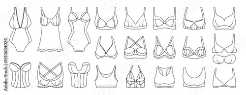 Bra icon. Female underwear pictogram. Line lingerie symbol. Swimsuit design. Clothes top. Textile for maternity. Woman body. Outline panties flat sign. Underclothes fashion. Vector garish logo set