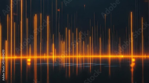 Abstract audio waveform with orange vertical lines reflecting on dark surface