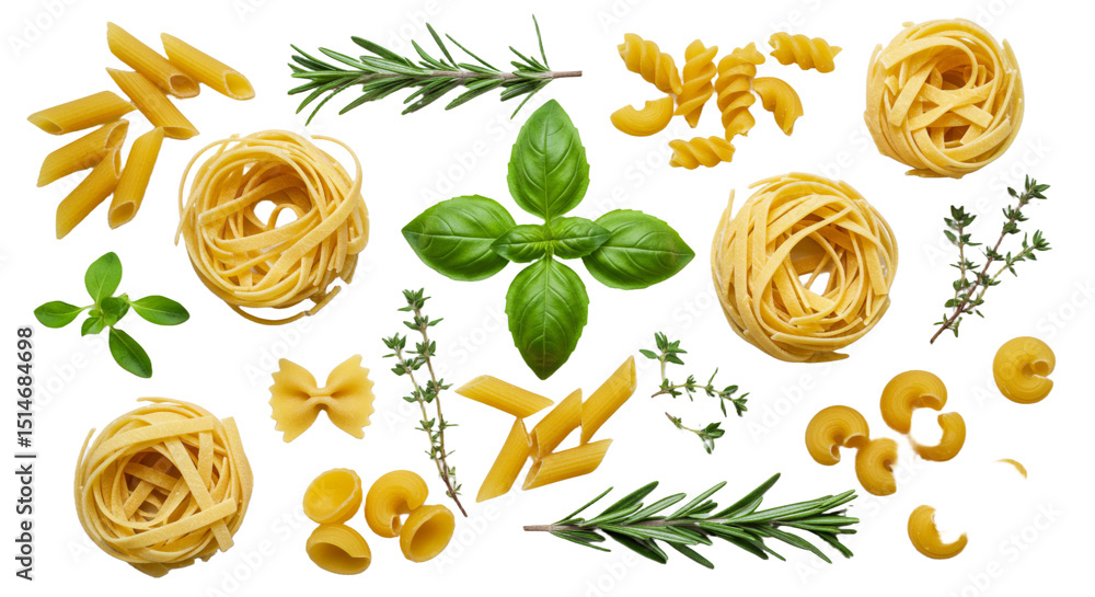 Assorted Raw Pasta with Fresh Basil, Rosemary, and Thyme on Black Background Assorted Raw Pasta with Fresh Basil, Rosemary, and Thyme on Black Background