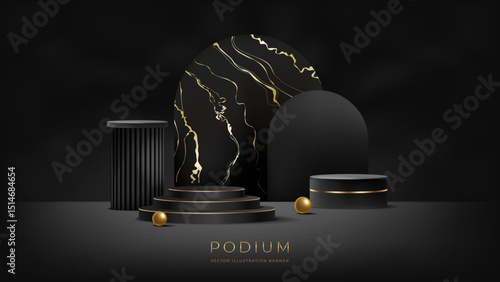 3D background. Black podium. Golden dark backdrop for luxury presentation. Empty platform, golden marble texture. Abstract award stage with render base. Vector blank design with elegant gold objects