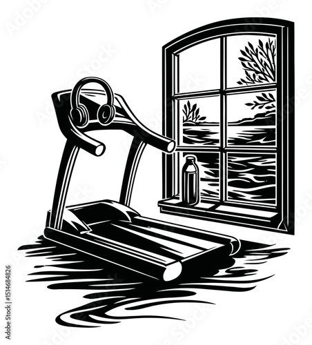 Black and White Illustration of Treadmill by Window with Nature View