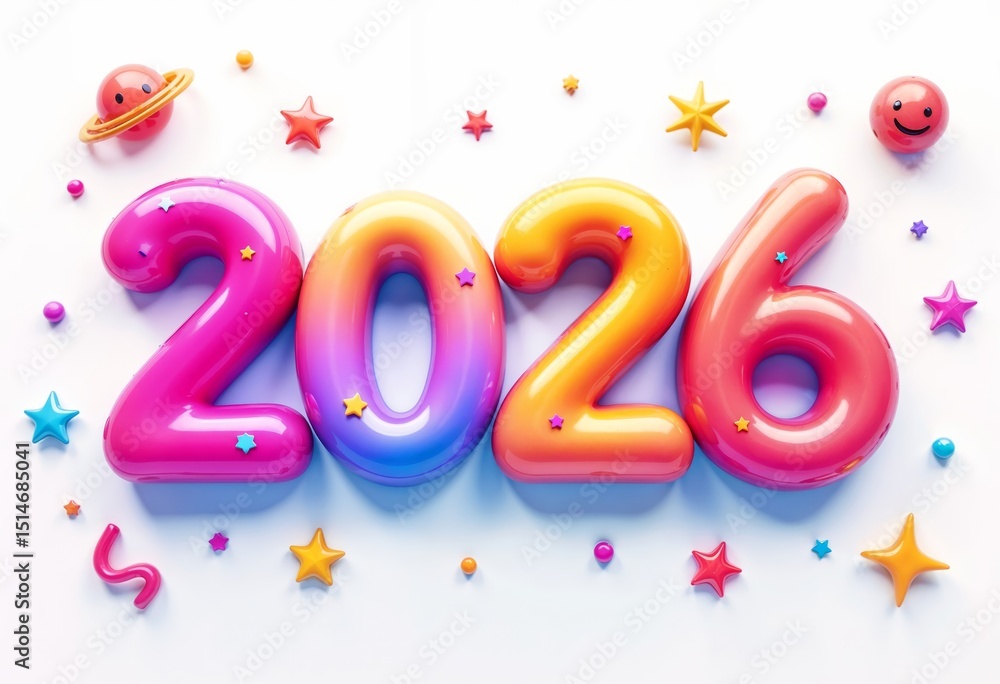 Playful 3D Balloon Text 2026 in Pink and Blue with Stars Playful 3D Balloon Text 2026 in Pink and Blue with Stars