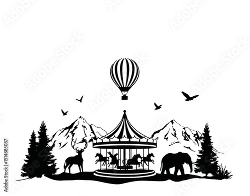 Vintage Carousel with Animals and Hot Air Balloon in Mountain Landscape