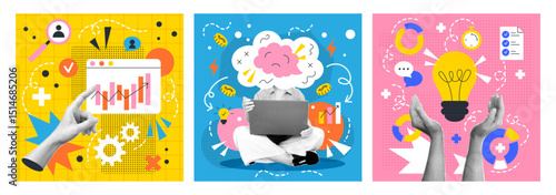 Art creative design. Business work. Startup idea concept. Modern collage on mind innovation, teamwork and student education. Success strategy. Idea development. Dotted arm. Vector garish posters set