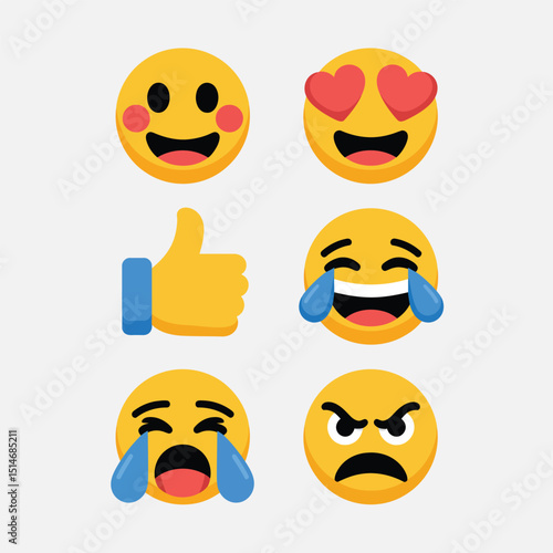 Collection of diverse yellow emoji faces expressing various emotions including happiness, love, approval, sadness, and anger isolated on white background.