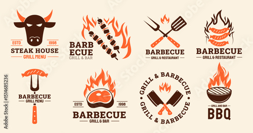 BBQ logo, flame design. Company lunch on fire, picnic label. Grill house graphic for barbecue. Steak icon, summer food vintage. Food silhouette restaurant menu. Vector retro garish template badge set