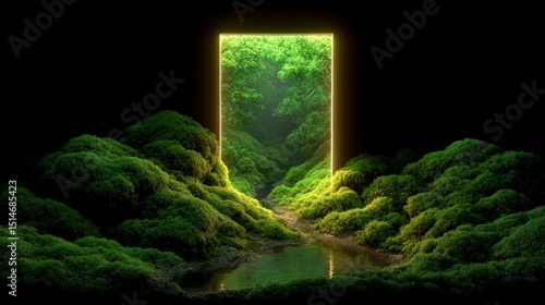 Luminous Portal to Lush Green Forest  Mossy Landscape  Nature Scene