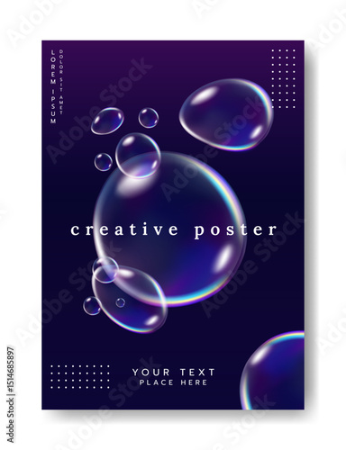 Creative poster. Soap bubbles flying on dark background, iridescent transparent foamy balls. Vertical banner, flyer design. Background abstract. Frame with copy space for text. Vector illustration