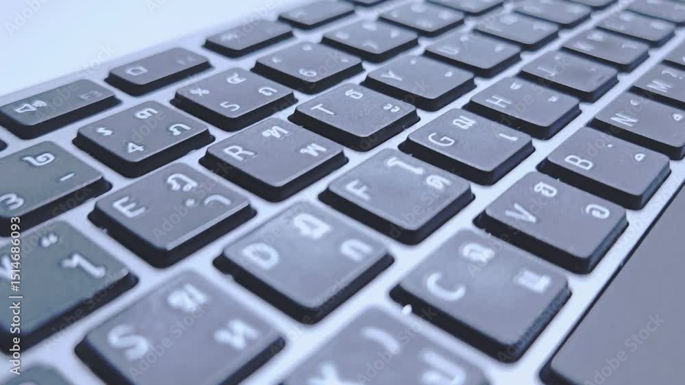 A close-up of a keyboard featuring both English and Thai characters, highlighting bilingual functionality. The detailed key design showcases accessibility for multilingual users A close-up of a keyboard featuring both English and Thai characters, highlighting bilingual functionality. The detailed key design showcases accessibility for multilingual users