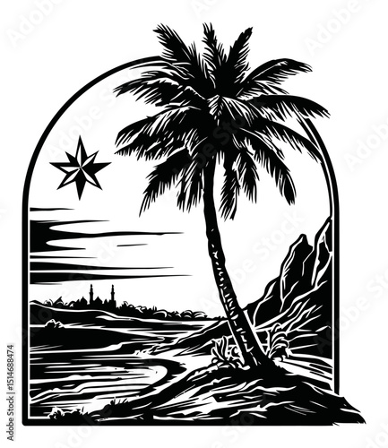 Elegant Black and White Engraving of Palm Tree by the River with Starry Sky