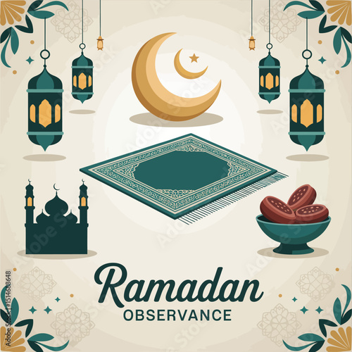 Illustration of ramadan observance with crescent moon, lanterns, mosque, prayer rug, dates, and floral ornaments for a festive islamic celebration
