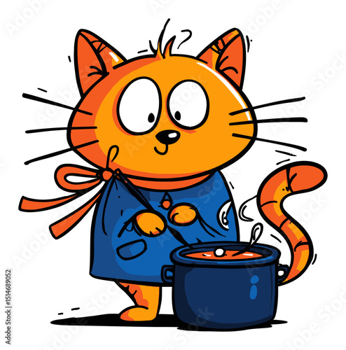 Cute Orange Cat with Big Eyes Cooking in a Pot in Cartoon Style Illustration