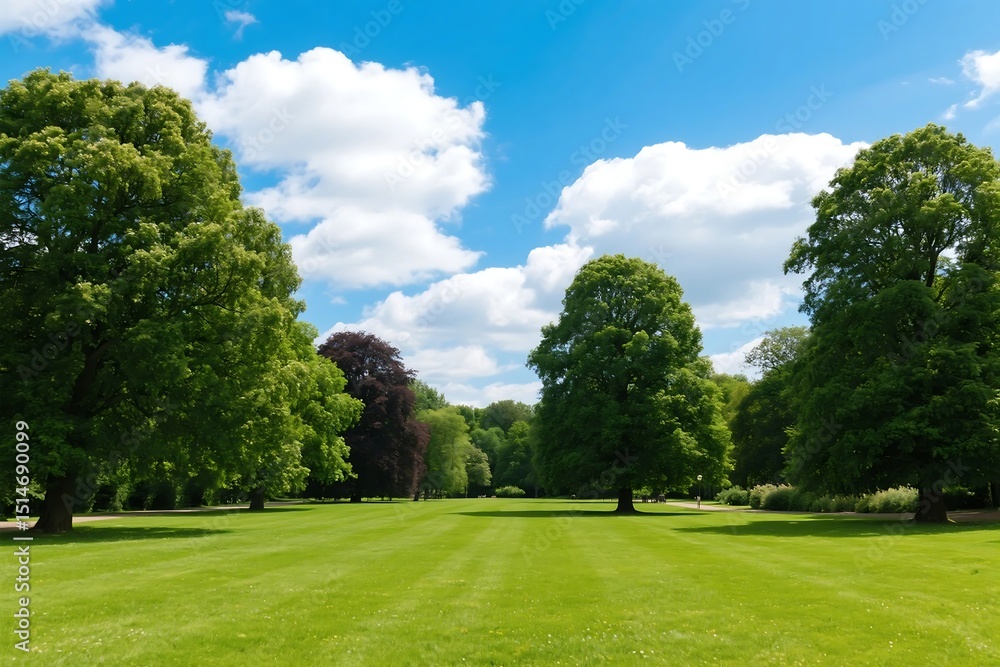 Obraz premium Idyllic park scene, green grass, tall trees, fluffy white clouds float in blue sky