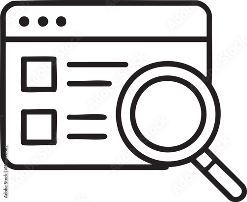 Website Search Icon Magnifying Glass Over a Browser Window with List Items in Black and White
