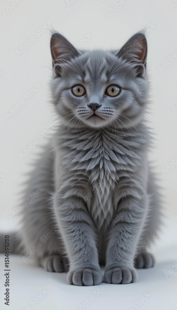 Obraz premium Fluffy grey kitten sitting calmly and observing its surroundings with curious golden eyes