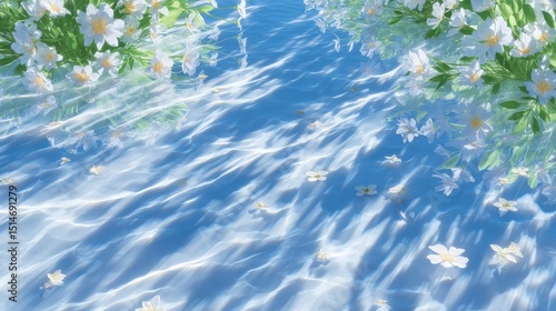 Serene Water Reflection  White Flowers  Sunlight  Tranquil Scene