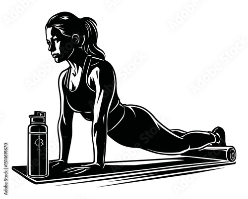 Detailed Illustration of Woman Performing Push-Up Exercise on Mat