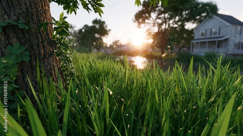 Serene Sunrise Meadow  Lush Grass  Trees  House Background