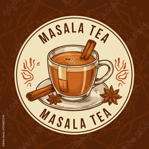 Masala tea cup with cinnamon stick and star anise on saucer  