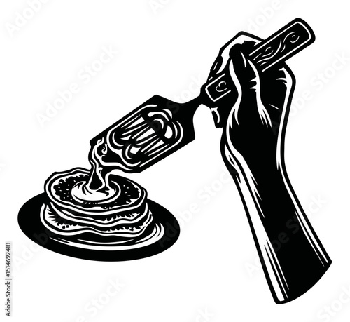 Hand holding spatula serving pancakes on plate with delicious syrup drizzle
