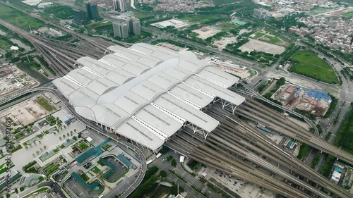 Aerial view of guangzhou south railway station and train tracks