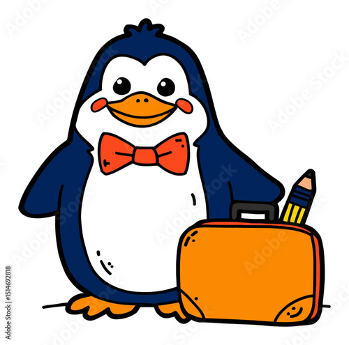 Cute Cartoon Penguin Character with Briefcase and Pencil, Ready for Adventure