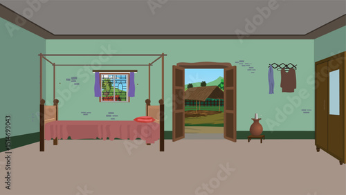 Indian Village Bedroom Cartoon Vector – Rural House Interior with Bed, Wardrobe, Window, Open Door, Hanger, Matka Pot – Animation Background for 2D Cartoon, Game, and Educational Projects

