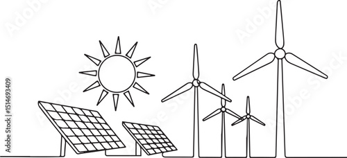 Wind turbine and solar panel with sun in one continuous line drawing, minimalist renewable energy concept vector in simple linear style


