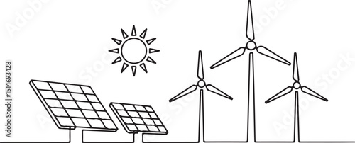 Wind turbine and solar panel with sun in one continuous line drawing, minimalist renewable energy concept vector in simple linear style

