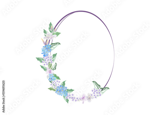 Forget me not floral frame with tiny foliage isolated on white background