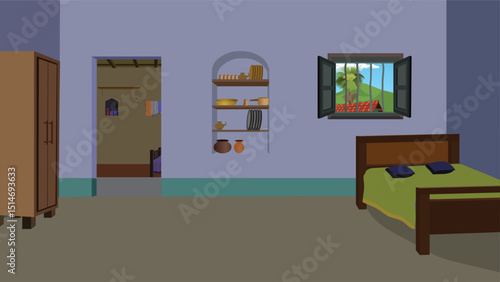 Indian Village Bedroom Interior Cartoon Vector – Rural House Room with Bed, Wardrobe, Kitchen Shelf, Open Window, Outdoor View – Animation Background for 2D Cartoon Projects

