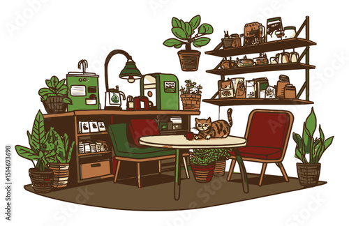 Cozy Cat Cafe Illustration with Indoor Plants and Charming Furniture Setup
