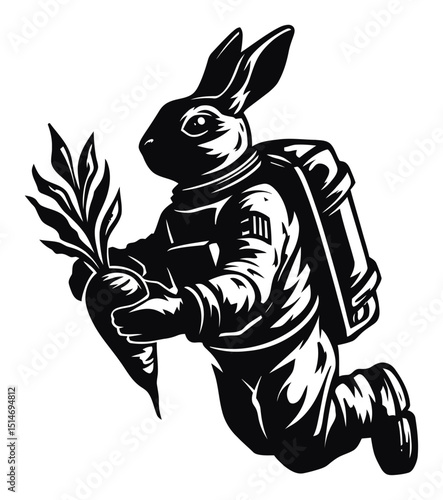 Playful Rabbit in Space Suit Holding Carrot, Engraved Black and White Illustration