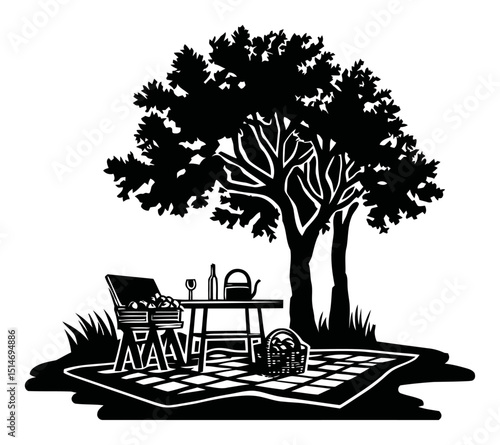 Serene Outdoor Picnic Scene with Tree, Table, and Basket Illustration in Black and White