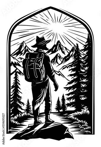 Adventurous Hiker Standing on Rock Amidst Mountains and Sunburst Illustration