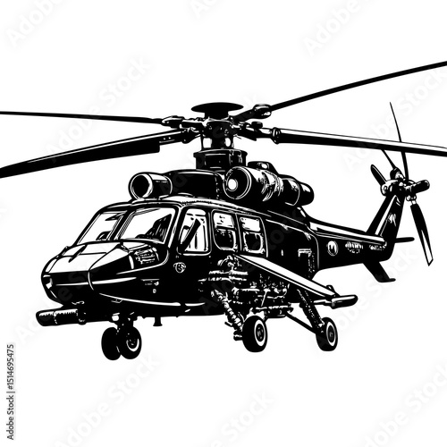 Military Attack Helicopter Silhouette – Vector Side View Illustration"

