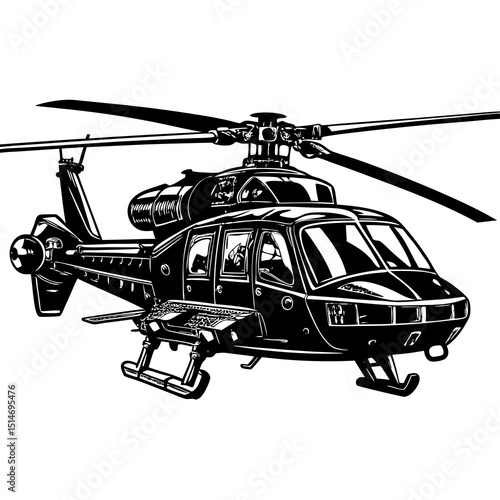 Military Attack Helicopter Silhouette – Vector Side View Illustration"

