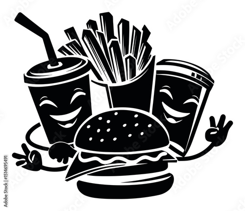 Playful Cartoon Fast Food Characters with Smiling Faces and Happy Expressions
