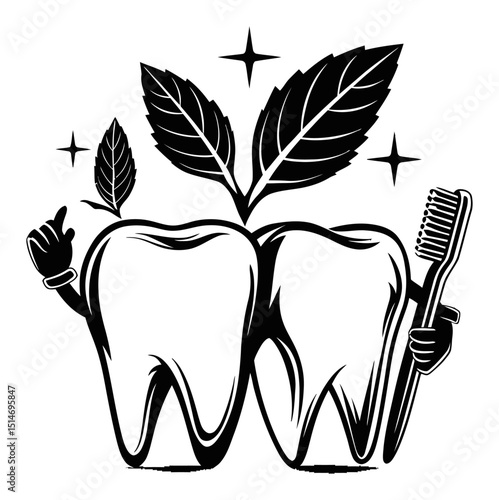 Tooth Illustration with Leaves and Toothbrush Perfect for Dental Health Themes