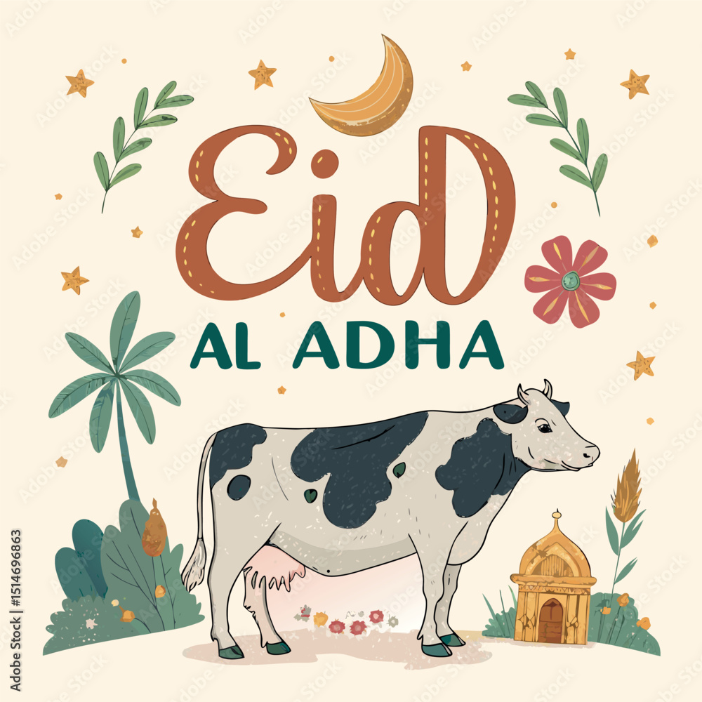 Fototapeta premium Eid Mubarak Greeting Vector | Cow Celebrating Islamic Festival Design