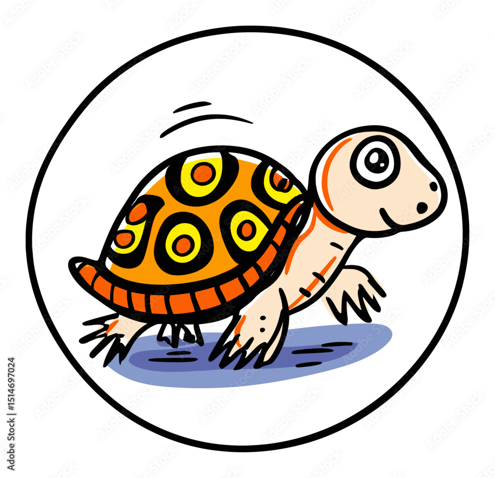 Fototapeta premium Colorful Cartoon Turtle with Bold Patterns in a Simple Circular Design